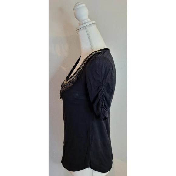 Anthropologie Deletta Hand-Beaded Neckline Black Knit Top Size Small Rocker Glam - Picture 2 of 11
